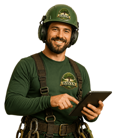 Smiling Haven Tree Services team member wearing a branded helmet and shirt